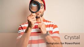  Presentation with detective magnifying glass - PPT theme having young-detective-man-looking-through background and a coral colored foreground