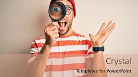  Presentation with detective magnifying glass - PPT theme with young-detective-man-looking-through background and a coral colored foreground