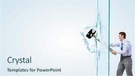  Presentation with women glass ceiling - Amazing PPT theme having young determined businessman breaking glass backdrop and a  colored foreground