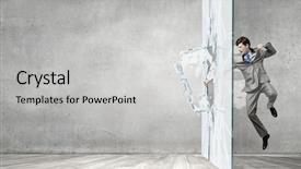  Presentation with brake the glass voice - Colorful PPT theme enhanced with young determined businessman breaking glass backdrop and a light gray colored foreground
