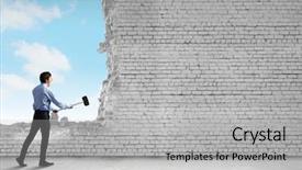  Presentation with breaking through - PPT layouts with young determined businessman breaking wall background and a light gray colored foreground
