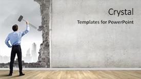  Presentation with breaking promises - Presentation theme consisting of young determined businessman breaking wall background and a light gray colored foreground