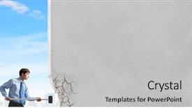  Presentation with wall partition - Presentation featuring young determined businessman breaking wall background and a light gray colored foreground