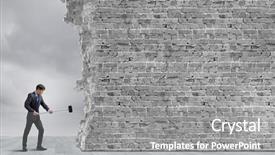  Presentation with wall - Presentation design enhanced with young determined businessman breaking wall background and a gray colored foreground