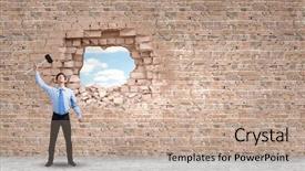  Presentation with us mexico border wall separating - Cool new PPT layouts with young determined businessman breaking wall backdrop and a coral colored foreground