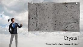  Presentation with wall - Colorful slide set enhanced with young determined businessman breaking wall backdrop and a  colored foreground