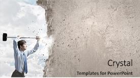  Presentation with wall - Presentation theme with young determined businessman breaking wall background and a light gray colored foreground