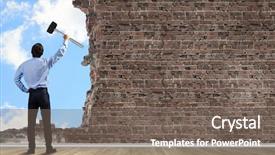  Presentation with breaking news of cancer - Slide set with young determined businessman breaking wall background and a gray colored foreground