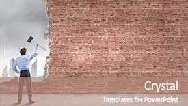  Presentation with multimedia wall television video broadcast - Presentation design enhanced with young determined businessman breaking wall background and a coral colored foreground