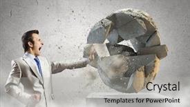  Presentation with earth - Colorful presentation design enhanced with young determined businessman crashing earth backdrop and a  colored foreground