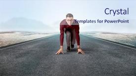  Presentation with running track lanes - Colorful theme enhanced with young determined businessman kneeling backdrop and a sky blue colored foreground