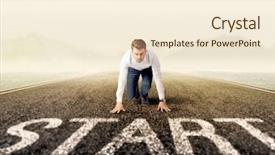  Presentation with kneeling - Slide deck featuring young determined businessman kneeling background and a cream colored foreground