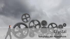  Presentation with gear - Colorful PPT theme enhanced with young determined businessman making gear backdrop and a light gray colored foreground
