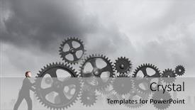  Presentation with mechanical gear mechanism team work - Amazing presentation design having young determined businessman making gear backdrop and a light gray colored foreground