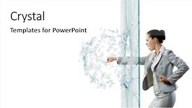  Presentation with glass - PPT theme enhanced with young determined businesswoman breaking glass background and a white colored foreground