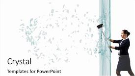  Presentation with glass - Colorful slides enhanced with young determined businesswoman breaking glass backdrop and a white colored foreground