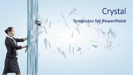  Presentation with glass - Cool new PPT theme with young determined businesswoman breaking glass backdrop and a sky blue colored foreground