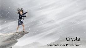  Presentation with strong wind - PPT theme having young determined businesswoman walking against strong wind background and a light gray colored foreground