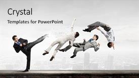  Presentation with ground fighting - Presentation design enhanced with young determined karate businessman fighting background and a  colored foreground