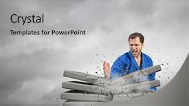  Presentation with bricks - Colorful slide deck enhanced with young determined karate man breaking backdrop and a light gray colored foreground
