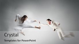  Presentation with karate - Amazing slide deck having young-determined-karate-man-fighting backdrop and a light gray colored foreground