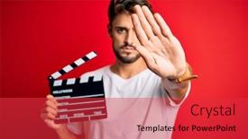  Presentation with red movie - Amazing PPT layouts having young-director-man-with-beard backdrop and a red colored foreground