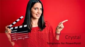  Presentation with blue eyes - Audience pleasing PPT layouts consisting of young-director-woman-with-blue backdrop and a crimson colored foreground
