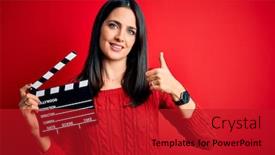  Presentation with red movie - Slide deck featuring young-director-woman-with-blue background and a crimson colored foreground