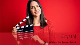  Presentation with red movie - Audience pleasing presentation theme consisting of young-director-woman-with-blue backdrop and a crimson colored foreground