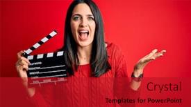  Presentation with red movie - Presentation design featuring young-director-woman-with-blue background and a crimson colored foreground