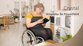  Presentation with eyeglasses - PPT theme having young-disable-female-in-casualwear background and a lemonade colored foreground