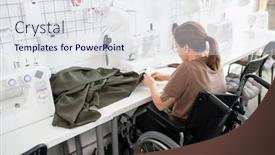  Presentation with wheelchair - Slide deck having young-disable-female-in-casualwear background and a sky blue colored foreground