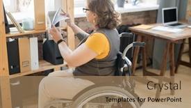  Presentation with example - Presentation theme with young-disable-female-office-worker background and a coral colored foreground