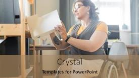  Presentation with worker - Audience pleasing presentation theme consisting of young-disable-female-office-worker backdrop and a coral colored foreground