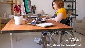  Presentation with front desk - Presentation design having young-disable-woman-in-wheelchair background and a violet colored foreground