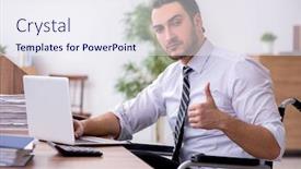  Presentation with workplace training - Colorful presentation enhanced with young-disabled-employee-suffering backdrop and a sky blue colored foreground