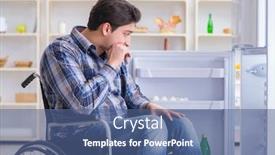  Presentation with man door - Beautiful presentation design featuring young disabled injured man opening the fridge door backdrop and a ocean colored foreground