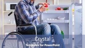  Presentation with man door - Slide set with young disabled injured man opening the fridge door background and a ocean colored foreground