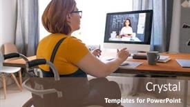  Presentation with working remotely - Beautiful slide deck featuring young-disabled-tutor-sitting backdrop and a tawny brown colored foreground