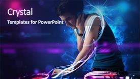  Presentation with festival music band hands playing - Colorful PPT theme enhanced with young disc jockey playing music with electro light effects and lights backdrop and a navy blue colored foreground