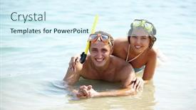  Presentation with divers - Cool new presentation theme with young divers in scuba masks enjoying themselves in water backdrop and a sky blue colored foreground