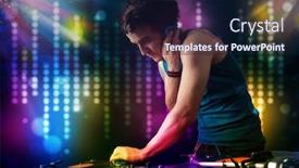  Presentation with disco - Presentation theme having young dj playing songs in a disco with light show background and a navy blue colored foreground