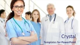  Presentation with team health - PPT theme featuring young doctor and medical team background and a light blue colored foreground