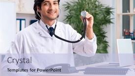  Presentation with cardiologist - PPT theme featuring young-doctor-cardiologist-working background and a light blue colored foreground