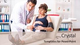  Presentation with pregnant woman doctor - Slide set featuring checking pregnant woman's blood background and a soft green colored foreground