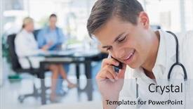  Presentation with doctor office - PPT theme enhanced with young doctor having a phone background and a light blue colored foreground