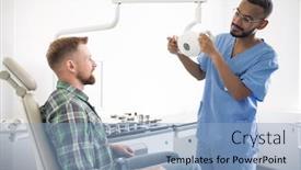  Presentation with medical equipment - PPT theme enhanced with young doctor in uniform holding medical equipment or lamp while standing in front of patient in armchair before examination background and a light blue colored foreground