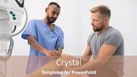  Presentation with medical equipment - PPT theme with young doctor in uniform massaging sick knee of one of patients in hospital after examining it on medical equipment background and a coral colored foreground