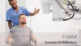  Presentation with medical equipment - Audience pleasing presentation design consisting of young doctor in uniform showing sick man on wheelchair new medical equipment while pointing at it backdrop and a light gray colored foreground