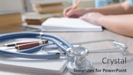  Presentation with exam - Slide set featuring young-doctor-is-learning background and a light blue colored foreground